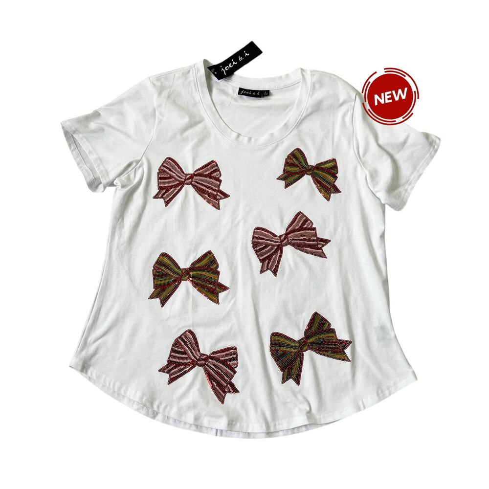 Joei and I White Ribbons Sequins T-shirt Women Size Large NWT | 19-35